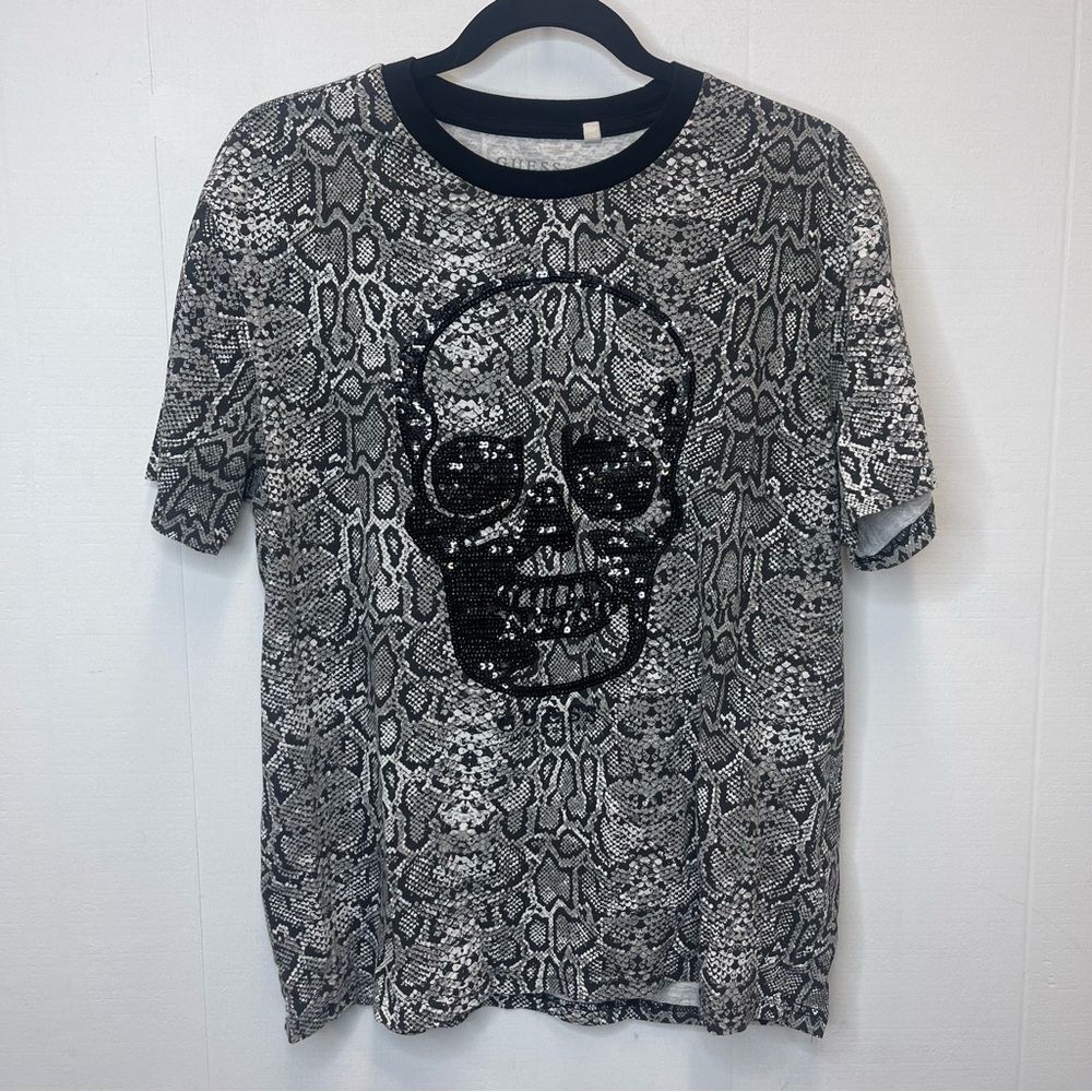 Guess Women’s Size Large Snake Print Skull Tee Top Black and Gray Sequin Rock - Picture 2 of 8